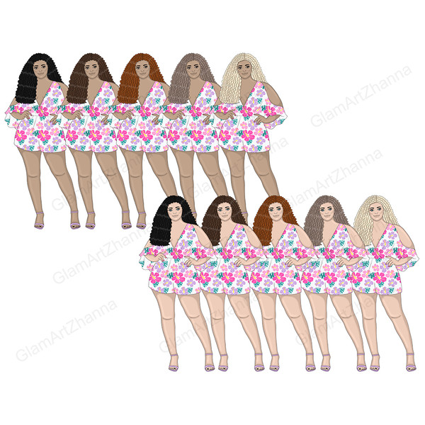 White-skinned plus size girls in summer white jumpsuits with a print of bright pink Hawaiian flowers.