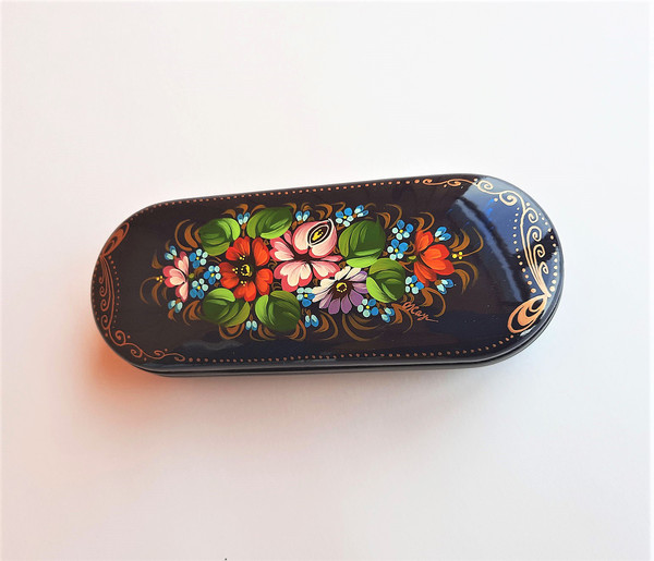 floral hand painted russian eyeglass case hard