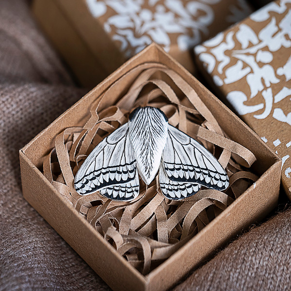 White moth brooch in the gift box