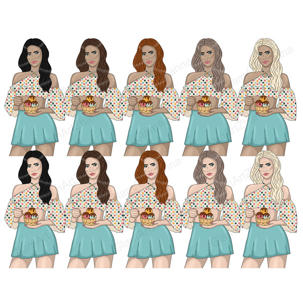Set of pastel retro groove clipart with girls with ice cream. Girls in a retro top with a print of multi-colored balloons and a mint-colored mini skirt are hold