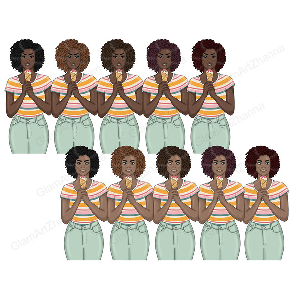Set of pastel retro groove clipart with girls with ice cream. African American girls in retro pastel striped t-shirts and mint jeans hold a strawberry ice cream