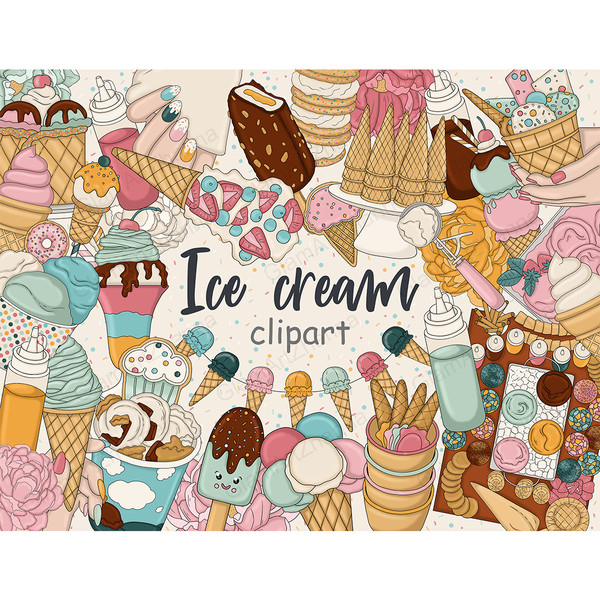 Pastel retro groove clipart set with ice cream. Big set of summer sweets food clipart. Ice cream waffle cones with strawberries, sprinkles, popsicle, sundae, sw