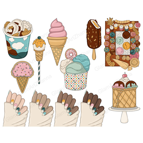 Pastel retro groove clipart set with ice cream. Women's summer pastel manicure with confetti. Ice cream in cups and waffle cones. Ice cream on a stick in chocol