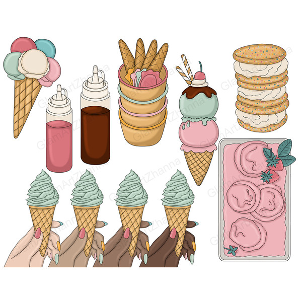 Pastel retro groove clipart set with ice cream. Ice cream waffle cones in female hands. Strawberry cake top view. Ice cream covered with cookies on the edges in