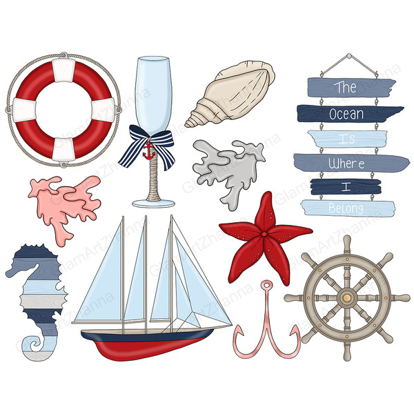 Set of marine items fisherman clipart red and blue. Red and white life buoy. Champagne glass with a blue bow. The stem of the glass is wrapped in rope. Beige sh