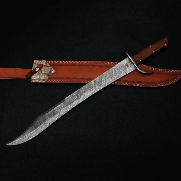 26 Custom Forged Damascus steel SWORD Handle with Brown Micarta With Leather Sheath.jpg
