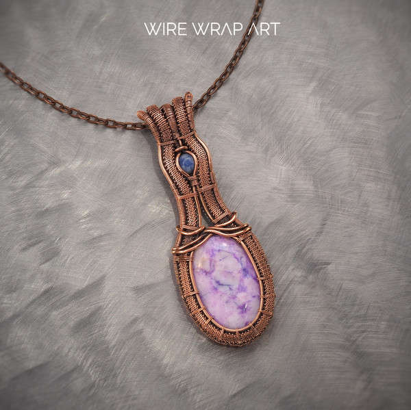 jasper sodalite necklace large pendant copper wire wrap art wire wrapped wire wrapping handmade jewelry antique style art 7th 22nd anniversary gift her woman  (