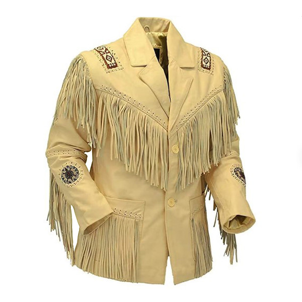 Native American Western Wear Fringe Cream Leather Jacket Coat.jpg