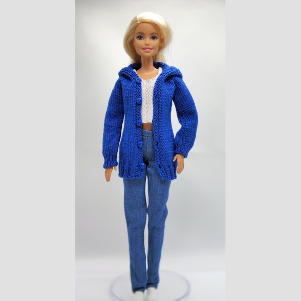 Knitted Blue Hooded Cardigan for Barbie Doll.