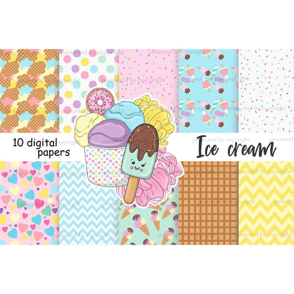 Bright summer digital paper bundles with ice cream and sweets. Wafer cone patterns. Multicolored dots seamless pattern. Sweet sprinkles backgrounds. Cold ice cr