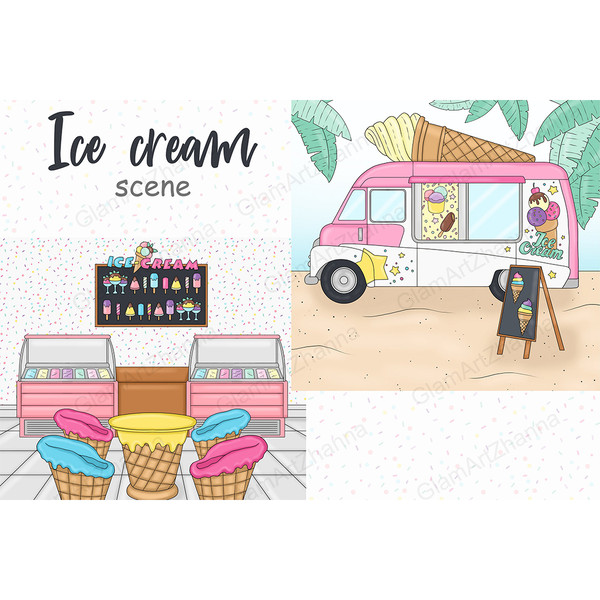 A bright summer white and pink ice cream van with a waffle cone on the roof stands on a sandy beach against the backdrop of palm leaves with an advertising pill