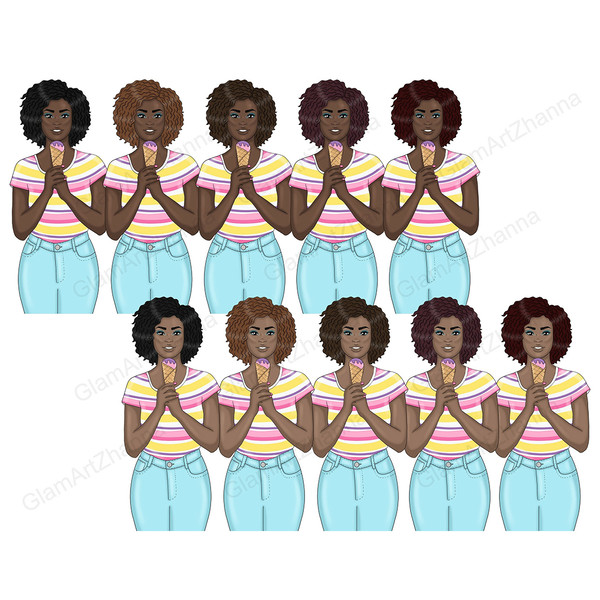 Set of bright summer clipart with girls with ice cream. African American girls in bright striped t-shirts and blue jeans hold a waffle cone of strawberry ice cr