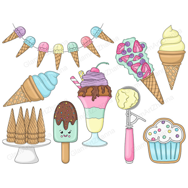 Set of bright summer clipart with ice cream. Garland of ice cream in waffle cups. Multicolored ice cream in a glass goblet with cream, chocolate syrup and cherr