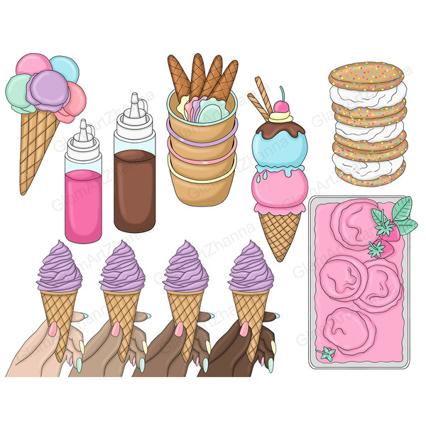 Set of bright summer clipart with delicious ice cream. Ice cream waffle cones in female hands. Strawberry cake top view. Ice cream covered with cookies on the e