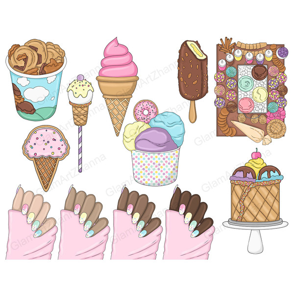 Set of bright clipart with delicious ice cream. Women's summer tropical manicure with confetti. Ice cream in cups and waffle cones. Ice cream on a stick in choc