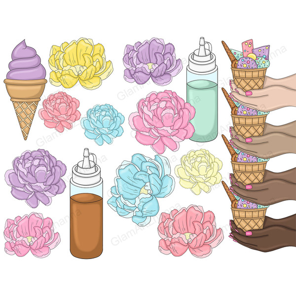 Set of bright summer clipart with ice cream. Wafer cones with ice cream balls and sprinkles in female hands. Bright yellow, blue, pink and purple peony buds. Bo