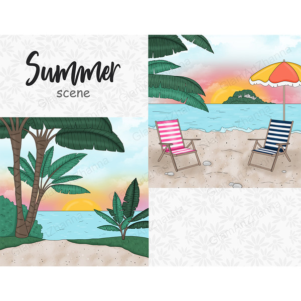 Summer scene creators with sandy beaches, sea, sunset and sunrise. The beach is lined with striped sun loungers and a yellow-orange parasol. An uninhabited isla