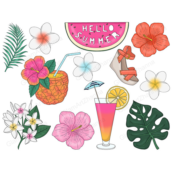 Set of bright summer clipart with exotic fruits, white tropical flowers. Cocktail in pineapple with a blue straw and a pink flower. Watermelon with the inscript