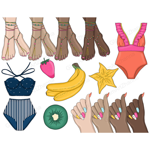 Set of bright summer clipart with female manicure, pedicure and summer clothes. Blue swimsuit with white dot and white stripes. Orange swimsuit with pink belt a
