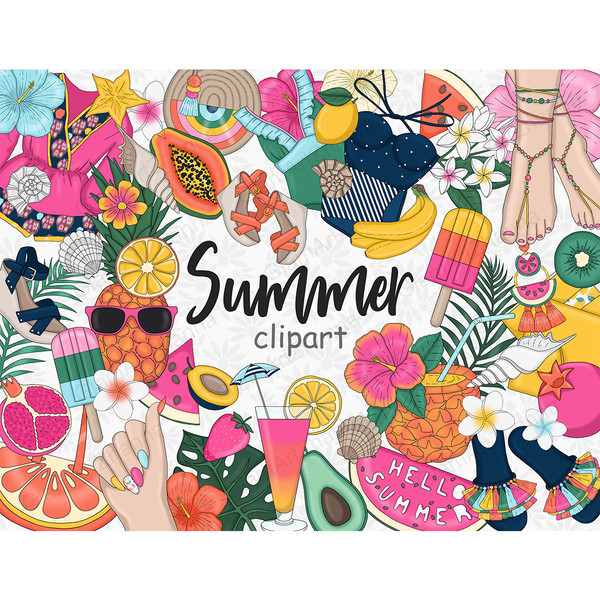 Set of bright summer clipart with exotic fruits, tropical flowers and girls arms and legs and summer clothes. Cocktail in pineapple with a blue tube. Yellow ban
