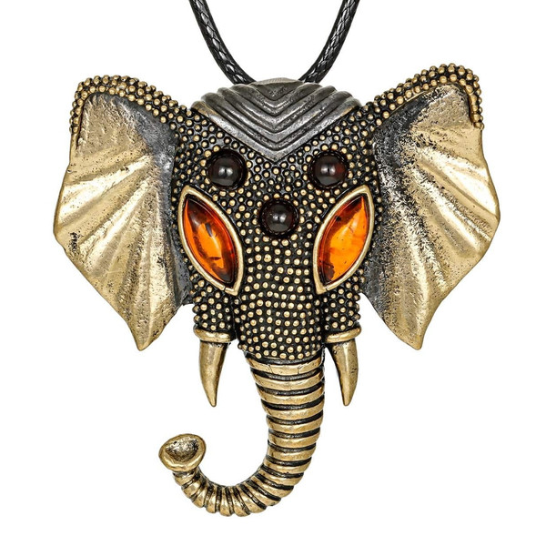 Elephant Men pendant necklace Animal Large pendant gold black brass amber jewelry men women Genesha pendant.jpg