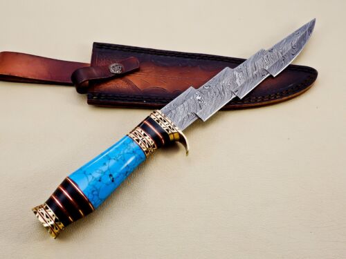 Handcrafted Custom Damascus Steel Hunting Knife with Turquoise Stone & Brass Handle (5).jpg