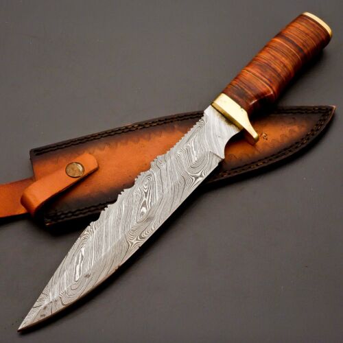 Custom Handmade Damascus Steel Hunting Knife with Brown Resin & Brass Guard Handle (1).jpg