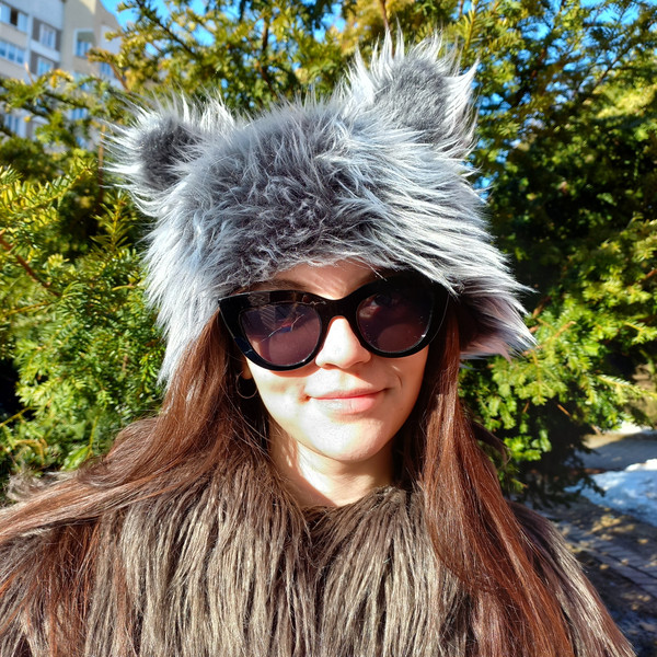 Festival fuzzy hat. Gray black furry hat. Faux fur wolf costume.