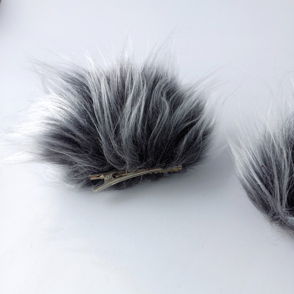 Grey-black faux fur ears for fancy dress. Fur costume of a wolf or husky.