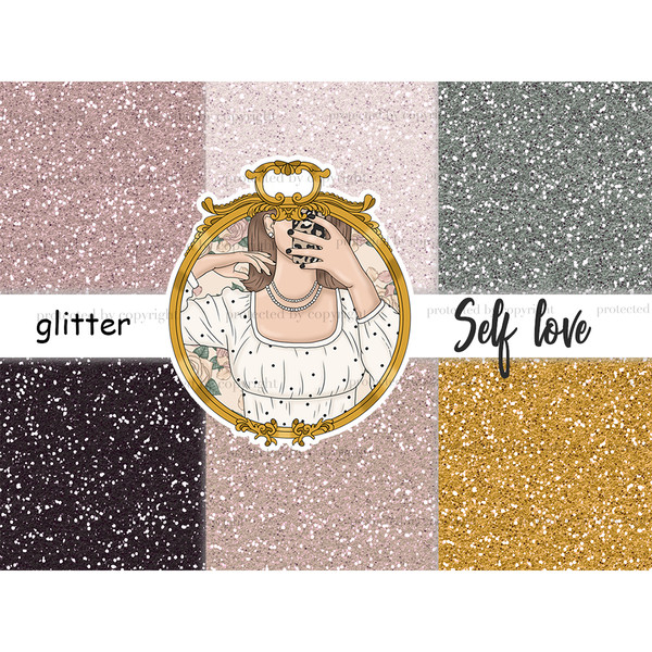 Self love sparkle digital glitter for crafting, stickers and planner. Black glitter paper. Gold glitter texture. Rosé pink glitter. Gray glitter texture. Silver
