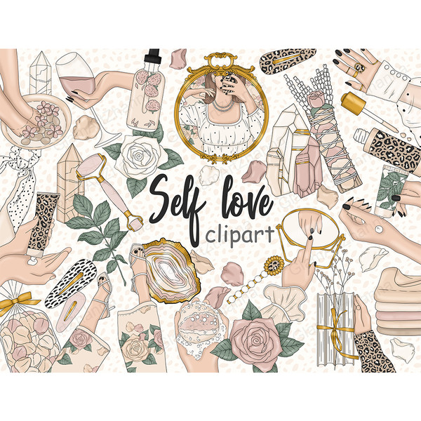 Set of Self Love clipart elements. Illustrations of beauty products for personal care. Hand cream in female hands, face oil, female legs in a bath with flowers.