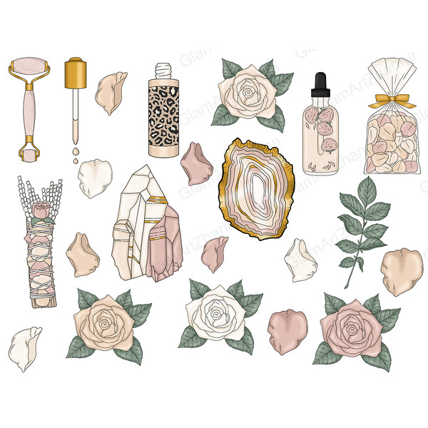 Set of Self Love clipart elements. Roller massager for the face. Pipette with a drop of oil and a gold cap. Jar with lotion and leopard label. Marble crystals w