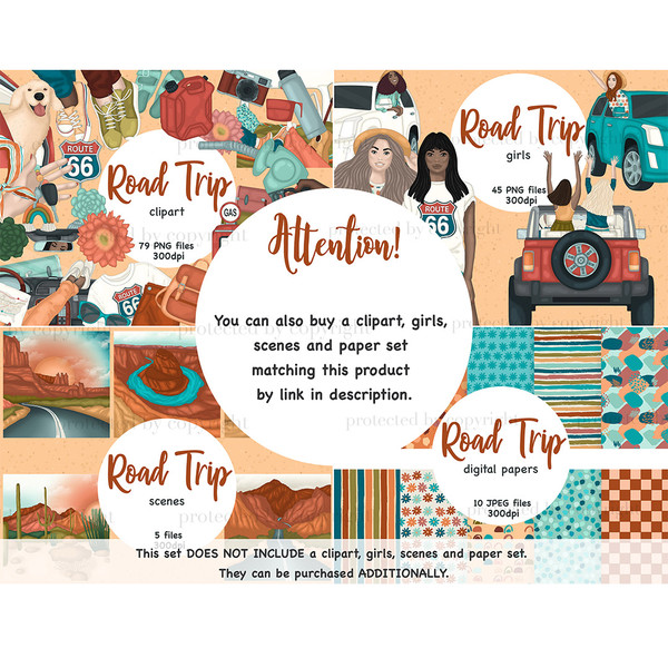Road trip clipart set. The dog sticks out of the car window. Roadtrippers girls peek out of car windows. Girls in a jeep ride with their hands up. Grand Canyon