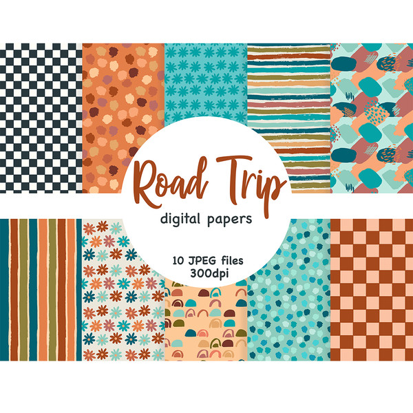 Road trip digital paper bundles. Boho rainbow patterns. Travel seamless patterns. Teal orange digital papers. Western pattern. Checkered black and white and ora