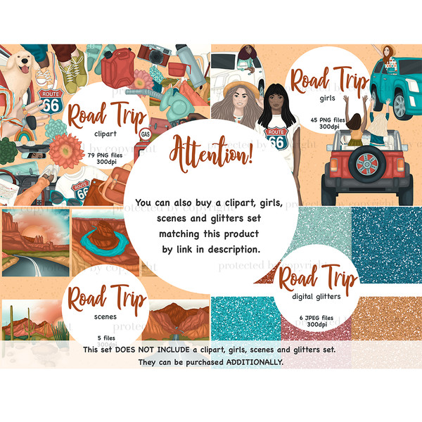 Road trip clipart set. The dog sticks out of the car window. Roadtrippers girls look out of the car windows. Girls in a jeep ride with their hands up. Grand Can