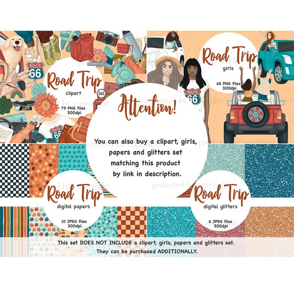 Road trip clipart set. The dog sticks out of the car window. Roadtrippers girls look out of the car windows and greet each other. Girls in a jeep ride with thei