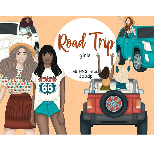 Roadtrippers girls look out of the car windows and greet each other. Rear view of a girl in a jeep driving with her hands up. A girl in a boho top with a flower