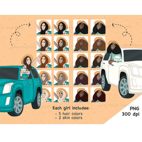 Roadtrippers girls look out of the car windows and greet each other. One girl in a turquoise crossover, in a white t-shirt with a print of boho flowers and an o