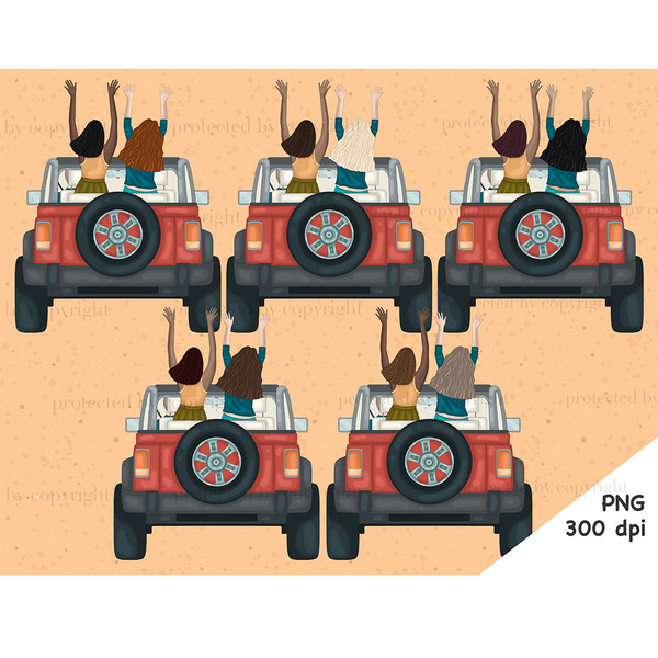 Rear view of a girl in a red jeep with a spare wheel from behind riding standing up with her hands up. One girl in an orange top and a green skirt. The other is