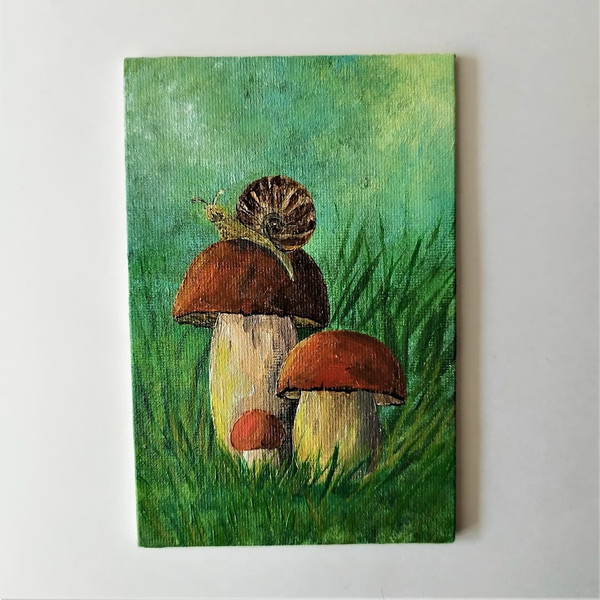 Mushrooms-with-a-snail-small-painting-art-impasto-wall-decor.jpg