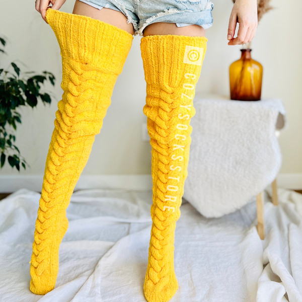 Yellow fleece thigh high socks, Socks plus size, Fuzzy socks