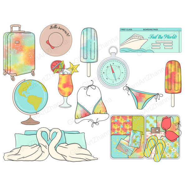 Multicolored travel suitcase on wheels. A ticket with a drawing of a yacht and the inscription Sail The World. Blue compass. Turquoise Eskimo. Globe on a stand.
