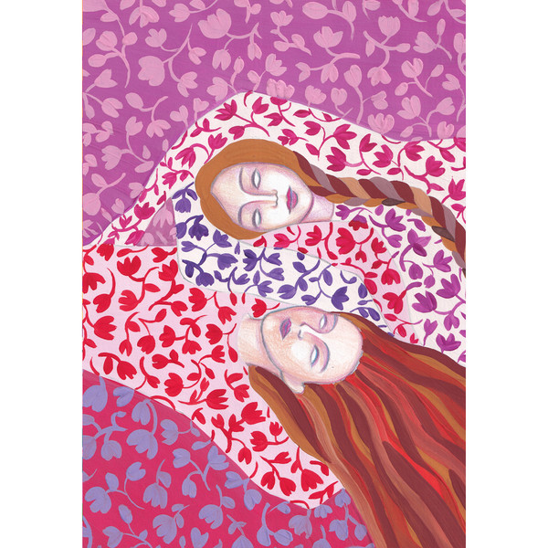 Sisters on a Carpet pink lilac red colors home decor wall