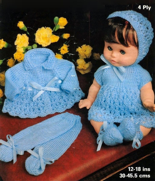 Dress, Matinee coat, Bonnet, Booties and Longies-Leggings 12 to 18 inch doll.jpg