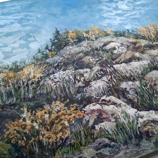 Fragment of a close-up Original painting Climbing rock peak with an expressive texture.