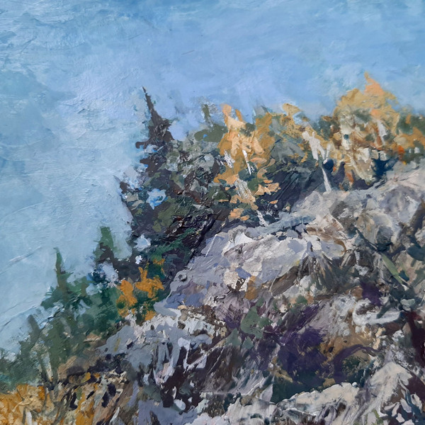 Pine forest on rock peak. Fragment of a close-up hand painted art.