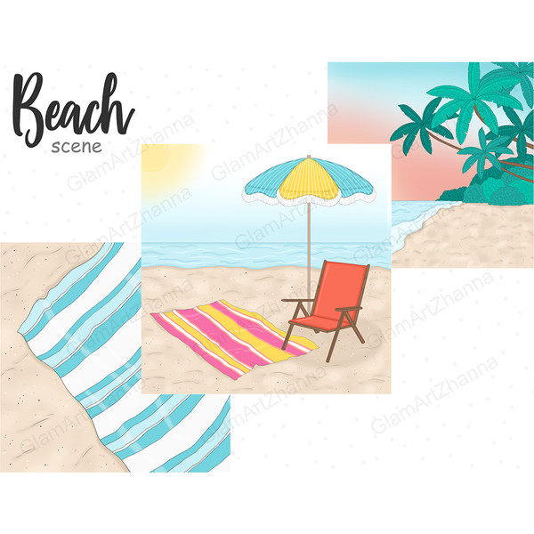 White and blue striped towel on the sand. A pink and yellow towel, a red sun lounger and a yellow and blue sun umbrella stand on the sand against the backdrop o