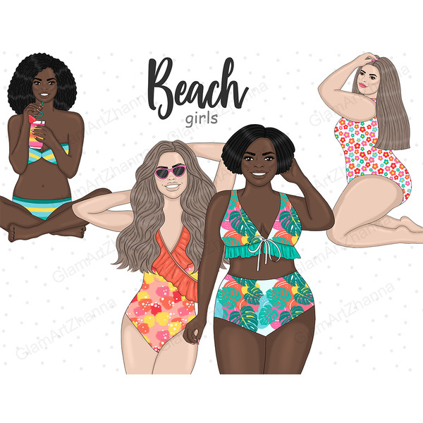 White and African American girls in tropical bikini swimsuits on vacation. Two girls plus size curvy. The other two girls are slim. One girl sits with her legs