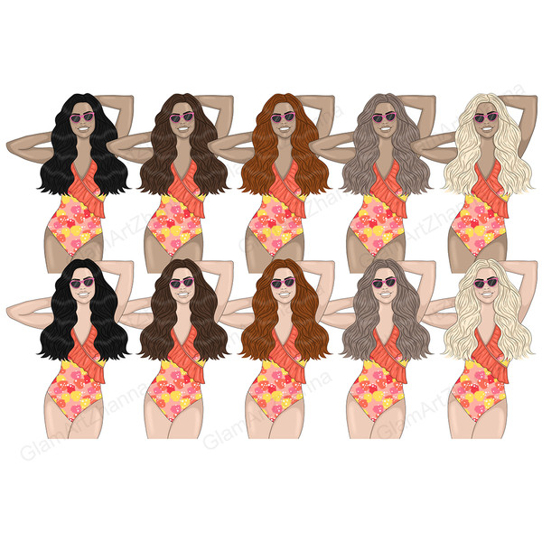 Girls with long hair in bright yellow-pink-orange swimsuits and pink-rimmed sunglasses stand with their hands up. Girls have different shades of skin color and