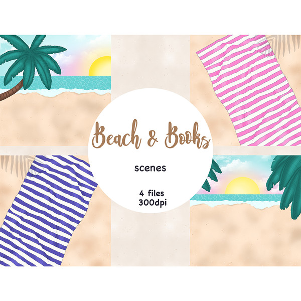 Beach scenes on a summer sunny day. Sandy beach with a palm tree against the background of the sea and the sun. White-pink and white-blue striped towels lie on